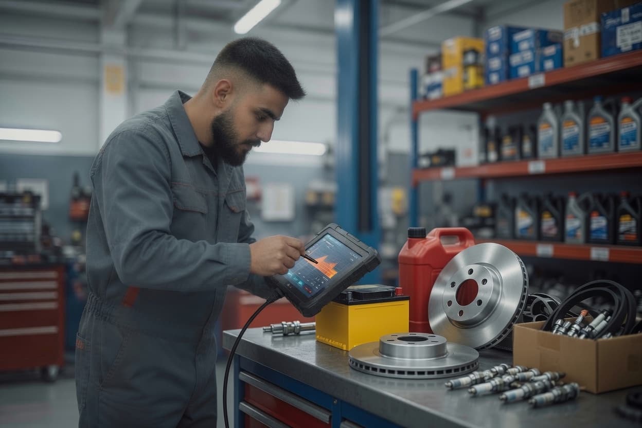 Bremsscheiben, Zündkerzen und Motoröl auf der Werkbank, daneben ein Diagnosetablet